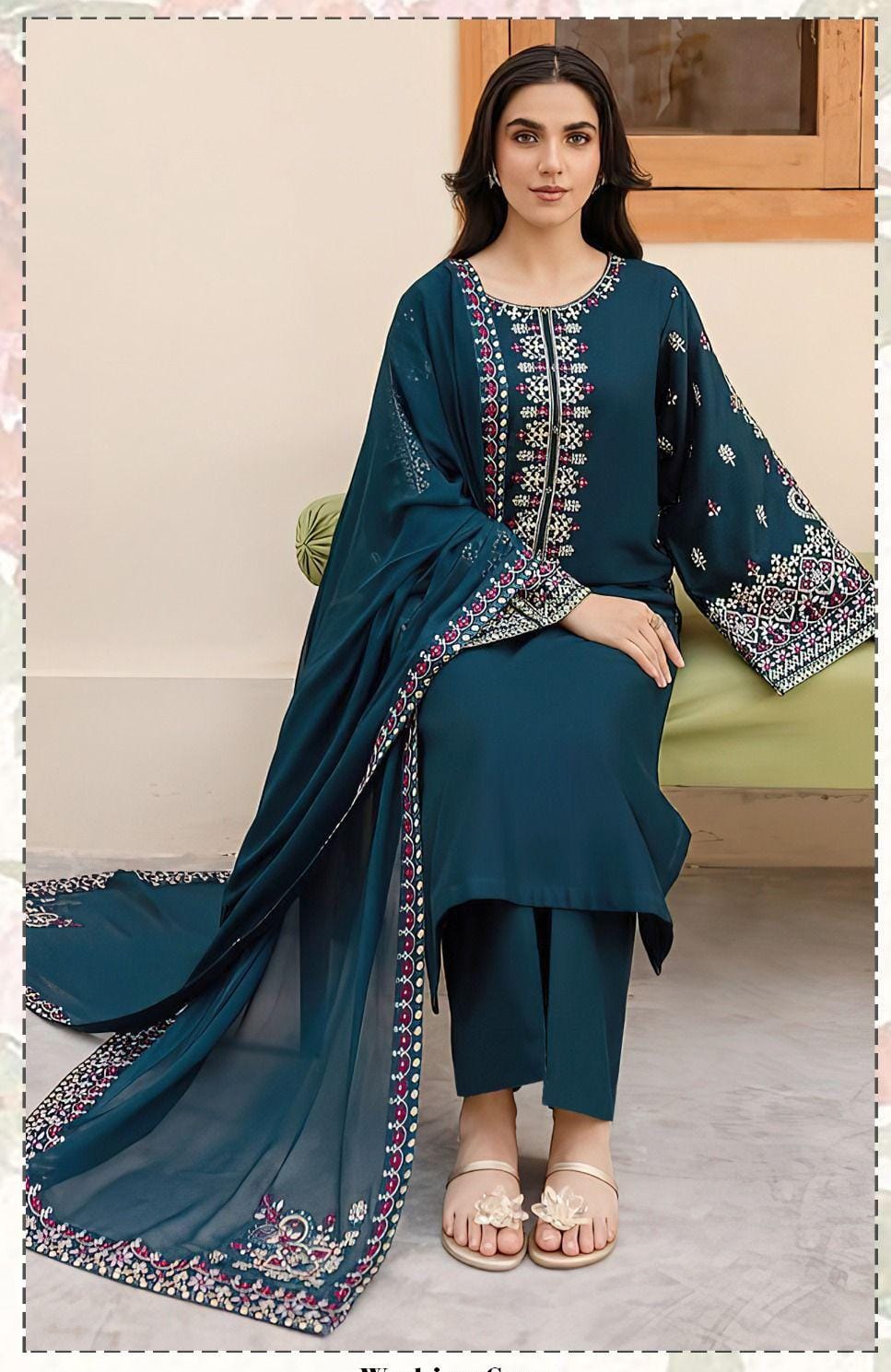 Heavy embroided dhanak 3pc Suit