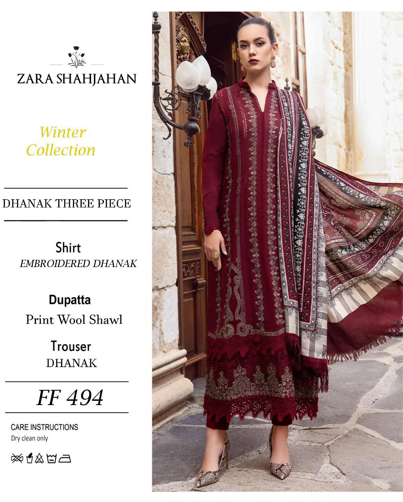 Full Embroidered dhanak 3pc Suit Brand Zara Shahjahan
