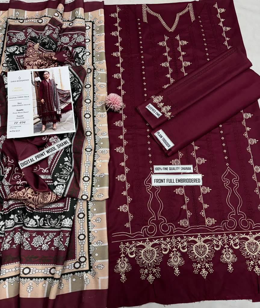 Full Embroidered dhanak 3pc Suit Brand Zara Shahjahan
