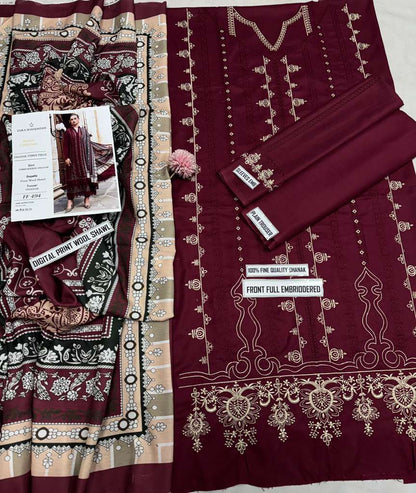 Full Embroidered dhanak 3pc Suit Brand Zara Shahjahan