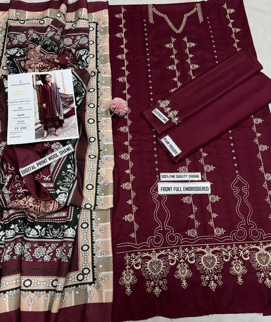 Full Embroidered dhanak 3pc Suit Brand Zara Shahjahan