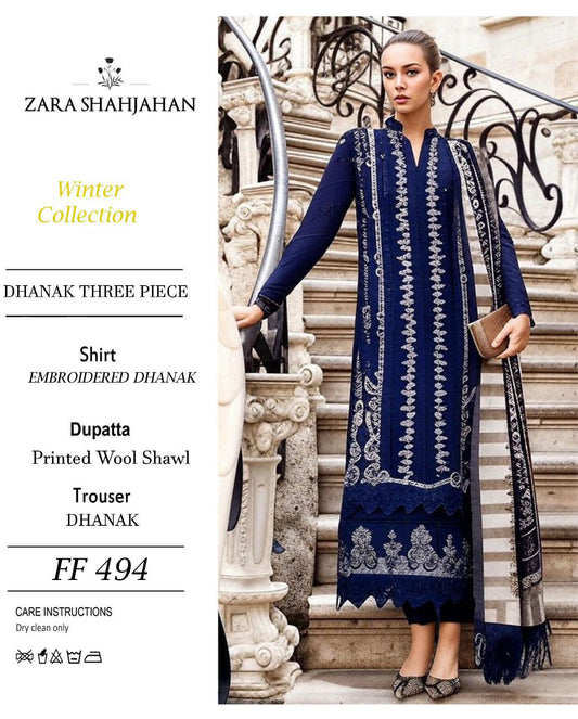 Full Embroidered dhanak 3pc Suit Brand Zara Shahjahan