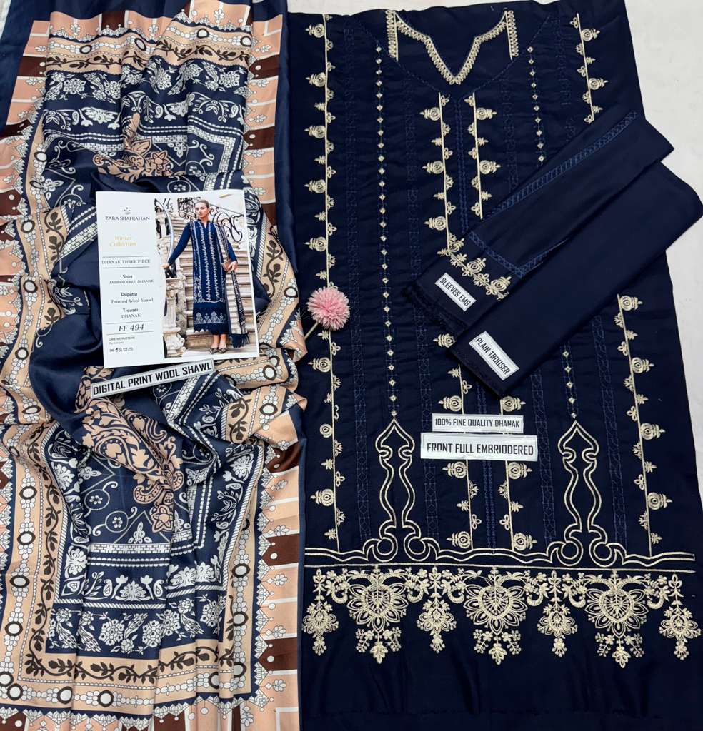 Full Embroidered dhanak 3pc Suit Brand Zara Shahjahan